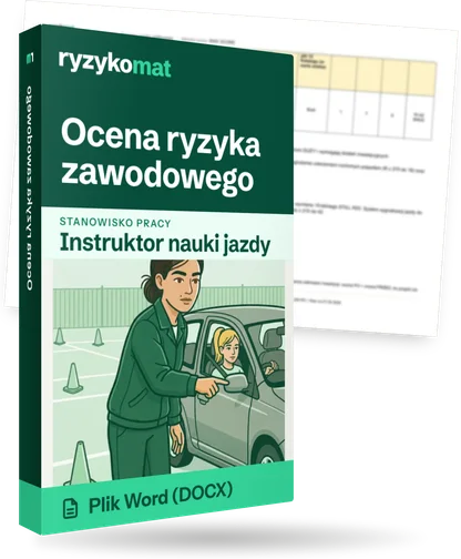 Pudełko dokumentu „Ocena ryzyka zawodowego” ze znakiem Ryzykomat i napisem „Plik Word (DOCX)” na froncie, ilustracja stanowiska „Instruktor nauki jazdy”; zza pudełka wystaje strona prawdziwego dokumentu z rozmytą treścią