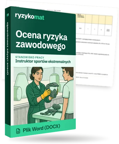 Pudełko dokumentu „Ocena ryzyka zawodowego” ze znakiem Ryzykomat i napisem „Plik Word (DOCX)” na froncie, ilustracja stanowiska „Instruktor sportów ekstremalnych”; zza pudełka wystaje strona prawdziwego dokumentu z rozmytą treścią