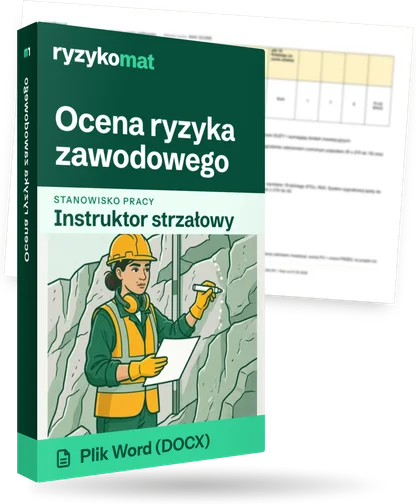 Pudełko dokumentu „Ocena ryzyka zawodowego” ze znakiem Ryzykomat i napisem „Plik Word (DOCX)” na froncie, ilustracja stanowiska „Instruktor strzałowy”; zza pudełka wystaje strona prawdziwego dokumentu z rozmytą treścią
