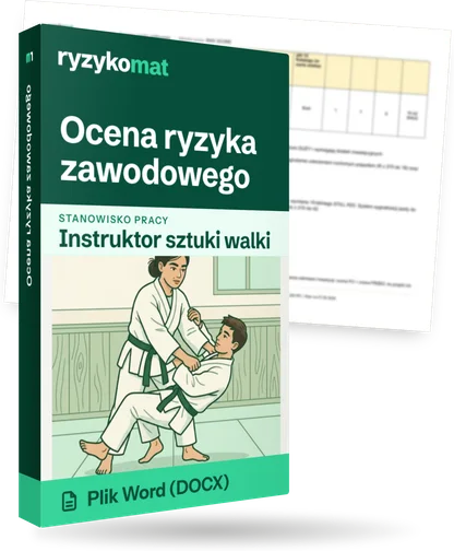 Pudełko dokumentu „Ocena ryzyka zawodowego” ze znakiem Ryzykomat i napisem „Plik Word (DOCX)” na froncie, ilustracja stanowiska „Instruktor sztuki walki”; zza pudełka wystaje strona prawdziwego dokumentu z rozmytą treścią