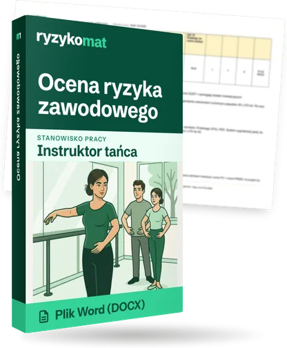 Pudełko dokumentu „Ocena ryzyka zawodowego” ze znakiem Ryzykomat i napisem „Plik Word (DOCX)” na froncie, ilustracja stanowiska „Instruktor tańca”; zza pudełka wystaje strona prawdziwego dokumentu z rozmytą treścią