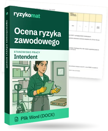 Pudełko dokumentu „Ocena ryzyka zawodowego” ze znakiem Ryzykomat i napisem „Plik Word (DOCX)” na froncie, ilustracja stanowiska „Intendent”; zza pudełka wystaje strona prawdziwego dokumentu z rozmytą treścią