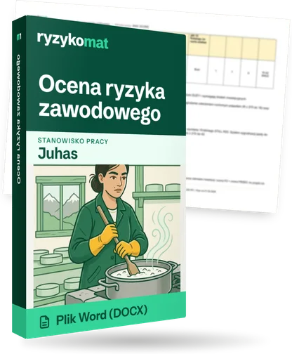 Pudełko dokumentu „Ocena ryzyka zawodowego” ze znakiem Ryzykomat i napisem „Plik Word (DOCX)” na froncie, ilustracja stanowiska „Juhas”; zza pudełka wystaje strona prawdziwego dokumentu z rozmytą treścią