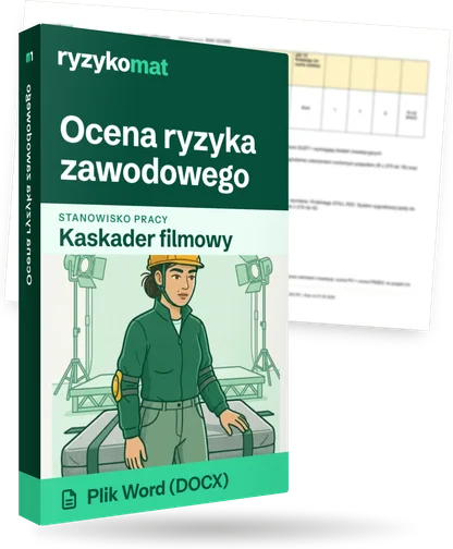 Pudełko dokumentu „Ocena ryzyka zawodowego” ze znakiem Ryzykomat i napisem „Plik Word (DOCX)” na froncie, ilustracja stanowiska „Kaskader filmowy”; zza pudełka wystaje strona prawdziwego dokumentu z rozmytą treścią
