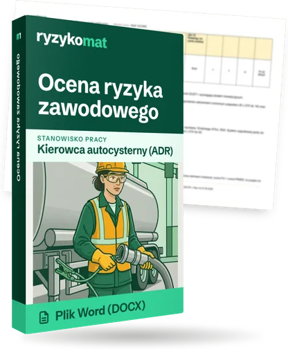 Pudełko dokumentu „Ocena ryzyka zawodowego” ze znakiem Ryzykomat i napisem „Plik Word (DOCX)” na froncie, ilustracja stanowiska „Kierowca autocysterny (ADR)”; zza pudełka wystaje strona prawdziwego dokumentu z rozmytą treścią