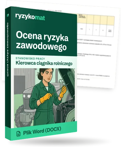 Pudełko dokumentu „Ocena ryzyka zawodowego” ze znakiem Ryzykomat i napisem „Plik Word (DOCX)” na froncie, ilustracja stanowiska „Kierowca ciągnika rolniczego”; zza pudełka wystaje strona prawdziwego dokumentu z rozmytą treścią