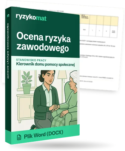 Pudełko dokumentu „Ocena ryzyka zawodowego” ze znakiem Ryzykomat i napisem „Plik Word (DOCX)” na froncie, ilustracja stanowiska „Kierownik domu pomocy społecznej”; zza pudełka wystaje strona prawdziwego dokumentu z rozmytą treścią
