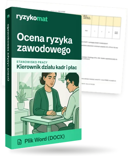 Pudełko dokumentu „Ocena ryzyka zawodowego” ze znakiem Ryzykomat i napisem „Plik Word (DOCX)” na froncie, ilustracja stanowiska „Kierownik działu kadr i płac”; zza pudełka wystaje strona prawdziwego dokumentu z rozmytą treścią