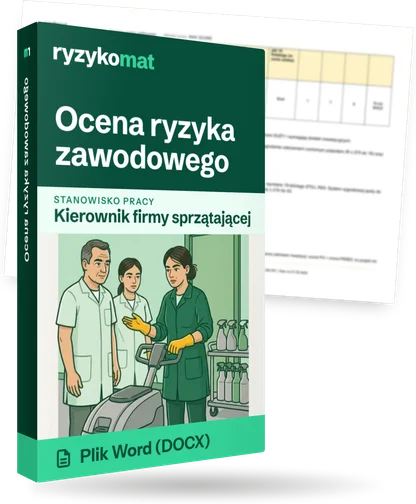 Pudełko dokumentu „Ocena ryzyka zawodowego” ze znakiem Ryzykomat i napisem „Plik Word (DOCX)” na froncie, ilustracja stanowiska „Kierownik firmy sprzątającej”; zza pudełka wystaje strona prawdziwego dokumentu z rozmytą treścią