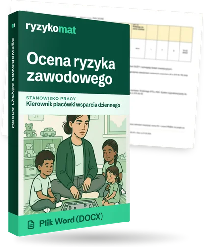 Pudełko dokumentu „Ocena ryzyka zawodowego” ze znakiem Ryzykomat i napisem „Plik Word (DOCX)” na froncie, ilustracja stanowiska „Kierownik placówki wsparcia dziennego”; zza pudełka wystaje strona prawdziwego dokumentu z rozmytą treścią
