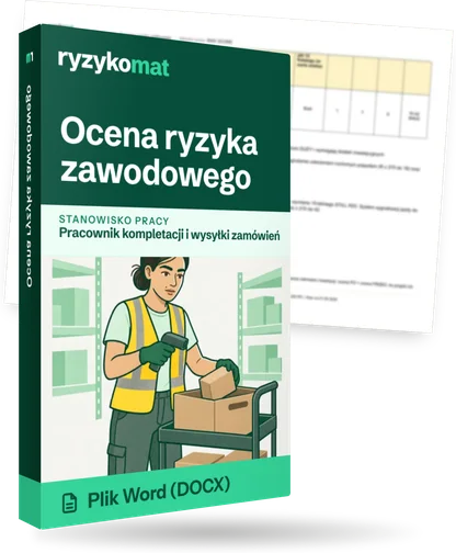 Pudełko dokumentu „Ocena ryzyka zawodowego” ze znakiem Ryzykomat i napisem „Plik Word (DOCX)” na froncie, ilustracja stanowiska „Pracownik kompletacji i wysyłki zamówień”; zza pudełka wystaje strona prawdziwego dokumentu z rozmytą treścią