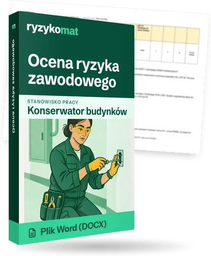 Pudełko dokumentu „Ocena ryzyka zawodowego” ze znakiem Ryzykomat i napisem „Plik Word (DOCX)” na froncie, ilustracja stanowiska „Konserwator budynków”; zza pudełka wystaje strona prawdziwego dokumentu z rozmytą treścią