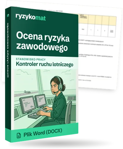 Pudełko dokumentu „Ocena ryzyka zawodowego” ze znakiem Ryzykomat i napisem „Plik Word (DOCX)” na froncie, ilustracja stanowiska „Kontroler ruchu lotniczego”; zza pudełka wystaje strona prawdziwego dokumentu z rozmytą treścią