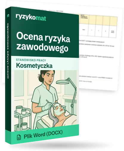 Pudełko dokumentu „Ocena ryzyka zawodowego” ze znakiem Ryzykomat i napisem „Plik Word (DOCX)” na froncie, ilustracja stanowiska „Kosmetyczka”; zza pudełka wystaje strona prawdziwego dokumentu z rozmytą treścią