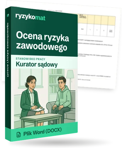 Pudełko dokumentu „Ocena ryzyka zawodowego” ze znakiem Ryzykomat i napisem „Plik Word (DOCX)” na froncie, ilustracja stanowiska „Kurator sądowy”; zza pudełka wystaje strona prawdziwego dokumentu z rozmytą treścią