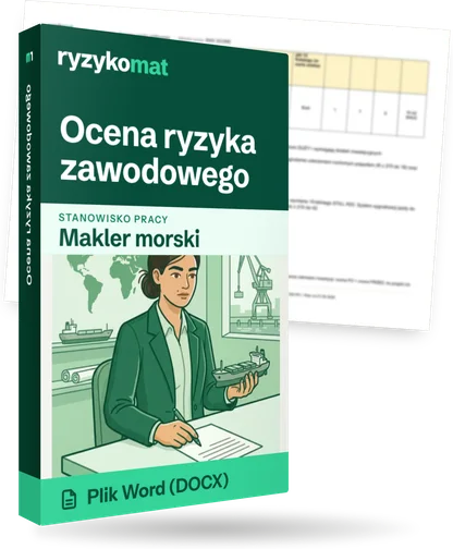 Pudełko dokumentu „Ocena ryzyka zawodowego” ze znakiem Ryzykomat i napisem „Plik Word (DOCX)” na froncie, ilustracja stanowiska „Makler morski”; zza pudełka wystaje strona prawdziwego dokumentu z rozmytą treścią