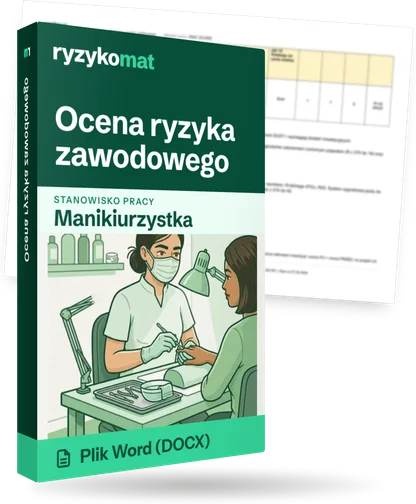 Pudełko dokumentu „Ocena ryzyka zawodowego” ze znakiem Ryzykomat i napisem „Plik Word (DOCX)” na froncie, ilustracja stanowiska „Manikiurzystka”; zza pudełka wystaje strona prawdziwego dokumentu z rozmytą treścią