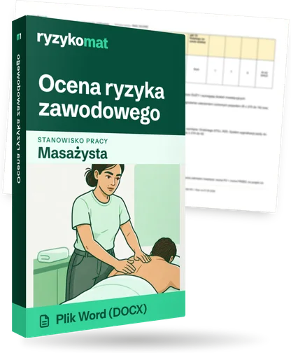 Pudełko dokumentu „Ocena ryzyka zawodowego” ze znakiem Ryzykomat i napisem „Plik Word (DOCX)” na froncie, ilustracja stanowiska „Masażysta”; zza pudełka wystaje strona prawdziwego dokumentu z rozmytą treścią