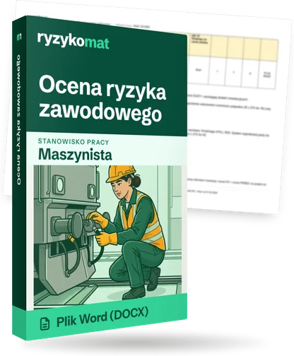 Pudełko dokumentu „Ocena ryzyka zawodowego” ze znakiem Ryzykomat i napisem „Plik Word (DOCX)” na froncie, ilustracja stanowiska „Maszynista”; zza pudełka wystaje strona prawdziwego dokumentu z rozmytą treścią