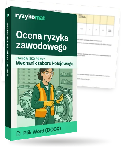 Pudełko dokumentu „Ocena ryzyka zawodowego” ze znakiem Ryzykomat i napisem „Plik Word (DOCX)” na froncie, ilustracja stanowiska „Mechanik taboru kolejowego”; zza pudełka wystaje strona prawdziwego dokumentu z rozmytą treścią