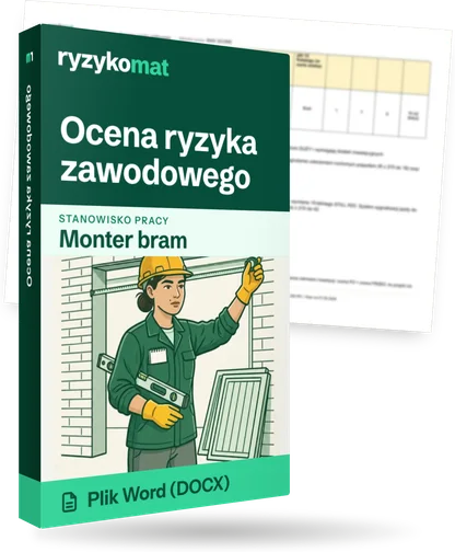 Pudełko dokumentu „Ocena ryzyka zawodowego” ze znakiem Ryzykomat i napisem „Plik Word (DOCX)” na froncie, ilustracja stanowiska „Monter bram”; zza pudełka wystaje strona prawdziwego dokumentu z rozmytą treścią