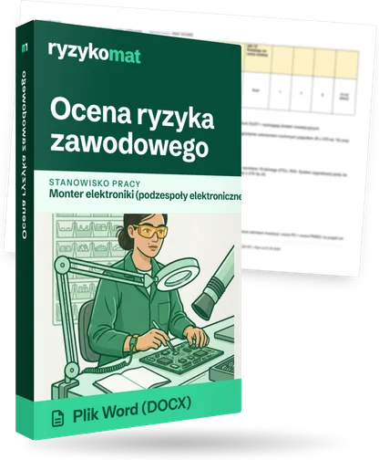 Pudełko dokumentu „Ocena ryzyka zawodowego” ze znakiem Ryzykomat i napisem „Plik Word (DOCX)” na froncie, ilustracja stanowiska „Monter elektroniki (podzespoły elektroniczne)”; zza pudełka wystaje strona prawdziwego dokumentu z rozmytą treścią