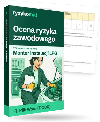 Pudełko dokumentu „Ocena ryzyka zawodowego” ze znakiem Ryzykomat i napisem „Plik Word (DOCX)” na froncie, ilustracja stanowiska „Monter instalacji LPG”; zza pudełka wystaje strona prawdziwego dokumentu z rozmytą treścią