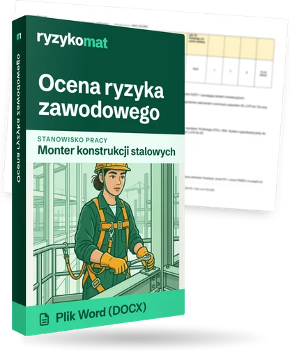 Pudełko dokumentu „Ocena ryzyka zawodowego” ze znakiem Ryzykomat i napisem „Plik Word (DOCX)” na froncie, ilustracja stanowiska „Monter konstrukcji stalowych”; zza pudełka wystaje strona prawdziwego dokumentu z rozmytą treścią