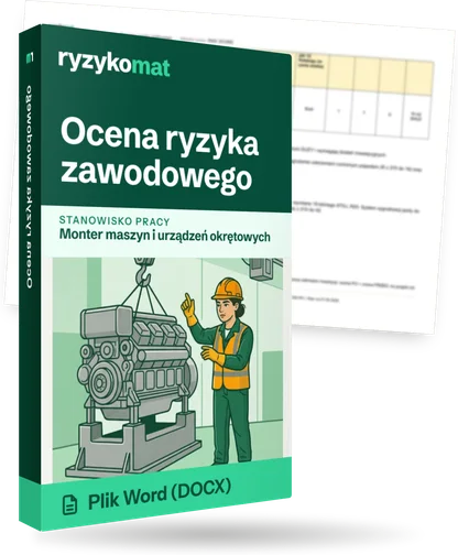 Pudełko dokumentu „Ocena ryzyka zawodowego” ze znakiem Ryzykomat i napisem „Plik Word (DOCX)” na froncie, ilustracja stanowiska „Monter maszyn i urządzeń okrętowych”; zza pudełka wystaje strona prawdziwego dokumentu z rozmytą treścią