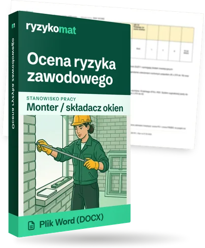 Pudełko dokumentu „Ocena ryzyka zawodowego” ze znakiem Ryzykomat i napisem „Plik Word (DOCX)” na froncie, ilustracja stanowiska „Monter / składacz okien”; zza pudełka wystaje strona prawdziwego dokumentu z rozmytą treścią
