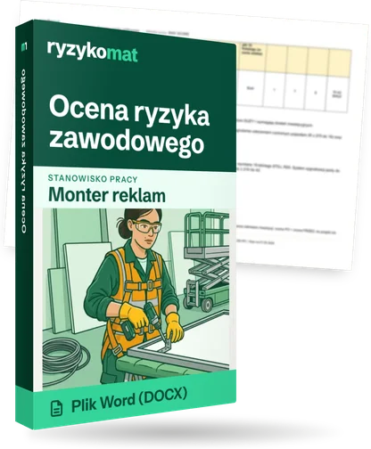 Pudełko dokumentu „Ocena ryzyka zawodowego” ze znakiem Ryzykomat i napisem „Plik Word (DOCX)” na froncie, ilustracja stanowiska „Monter reklam”; zza pudełka wystaje strona prawdziwego dokumentu z rozmytą treścią