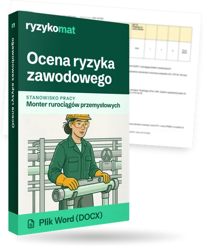 Pudełko dokumentu „Ocena ryzyka zawodowego” ze znakiem Ryzykomat i napisem „Plik Word (DOCX)” na froncie, ilustracja stanowiska „Monter rurociągów przemysłowych”; zza pudełka wystaje strona prawdziwego dokumentu z rozmytą treścią