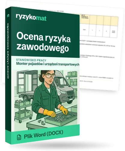 Pudełko dokumentu „Ocena ryzyka zawodowego” ze znakiem Ryzykomat i napisem „Plik Word (DOCX)” na froncie, ilustracja stanowiska „Monter pojazdów i urządzeń transportowych”; zza pudełka wystaje strona prawdziwego dokumentu z rozmytą treścią