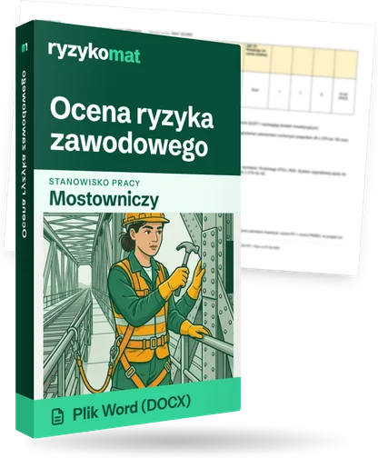 Pudełko dokumentu „Ocena ryzyka zawodowego” ze znakiem Ryzykomat i napisem „Plik Word (DOCX)” na froncie, ilustracja stanowiska „Mostowniczy”; zza pudełka wystaje strona prawdziwego dokumentu z rozmytą treścią
