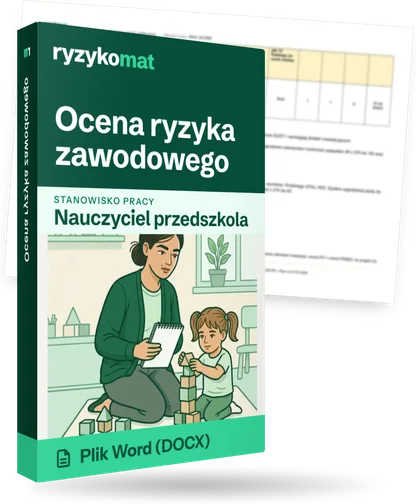 Pudełko dokumentu „Ocena ryzyka zawodowego” ze znakiem Ryzykomat i napisem „Plik Word (DOCX)” na froncie, ilustracja stanowiska „Nauczyciel przedszkola”; zza pudełka wystaje strona prawdziwego dokumentu z rozmytą treścią
