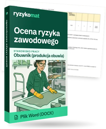 Pudełko dokumentu „Ocena ryzyka zawodowego” ze znakiem Ryzykomat i napisem „Plik Word (DOCX)” na froncie, ilustracja stanowiska „Obuwnik (produkcja obuwia)”; zza pudełka wystaje strona prawdziwego dokumentu z rozmytą treścią