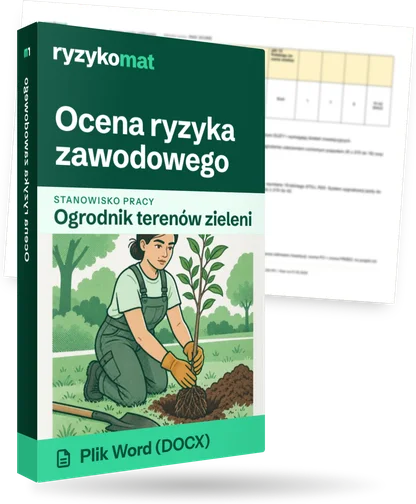 Pudełko dokumentu „Ocena ryzyka zawodowego” ze znakiem Ryzykomat i napisem „Plik Word (DOCX)” na froncie, ilustracja stanowiska „Ogrodnik terenów zieleni”; zza pudełka wystaje strona prawdziwego dokumentu z rozmytą treścią