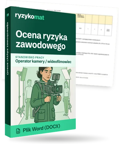 Pudełko dokumentu „Ocena ryzyka zawodowego” ze znakiem Ryzykomat i napisem „Plik Word (DOCX)” na froncie, ilustracja stanowiska „Operator kamery / wideofilmowiec”; zza pudełka wystaje strona prawdziwego dokumentu z rozmytą treścią