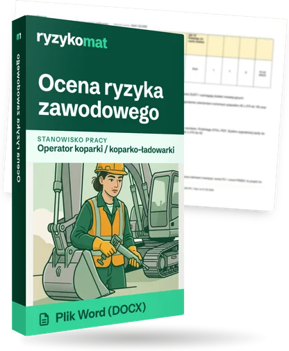 Pudełko dokumentu „Ocena ryzyka zawodowego” ze znakiem Ryzykomat i napisem „Plik Word (DOCX)” na froncie, ilustracja stanowiska „Operator koparki / koparko-ładowarki”; zza pudełka wystaje strona prawdziwego dokumentu z rozmytą treścią
