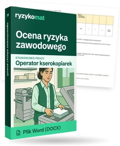 Pudełko dokumentu „Ocena ryzyka zawodowego” ze znakiem Ryzykomat i napisem „Plik Word (DOCX)” na froncie, ilustracja stanowiska „Operator kserokopiarek”; zza pudełka wystaje strona prawdziwego dokumentu z rozmytą treścią