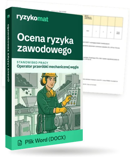 Pudełko dokumentu „Ocena ryzyka zawodowego” ze znakiem Ryzykomat i napisem „Plik Word (DOCX)” na froncie, ilustracja stanowiska „Operator przeróbki mechanicznej węgla”; zza pudełka wystaje strona prawdziwego dokumentu z rozmytą treścią