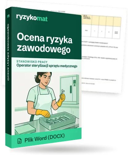 Pudełko dokumentu „Ocena ryzyka zawodowego” ze znakiem Ryzykomat i napisem „Plik Word (DOCX)” na froncie, ilustracja stanowiska „Operator sterylizacji sprzętu medycznego”; zza pudełka wystaje strona prawdziwego dokumentu z rozmytą treścią