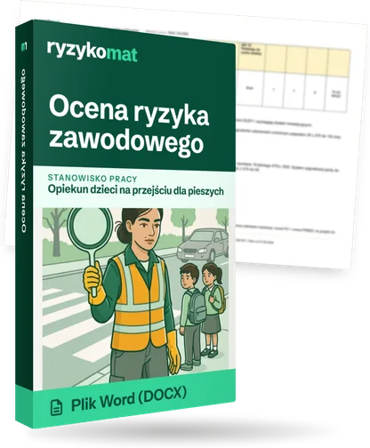 Pudełko dokumentu „Ocena ryzyka zawodowego” ze znakiem Ryzykomat i napisem „Plik Word (DOCX)” na froncie, ilustracja stanowiska „Opiekun dzieci na przejściu dla pieszych”; zza pudełka wystaje strona prawdziwego dokumentu z rozmytą treścią
