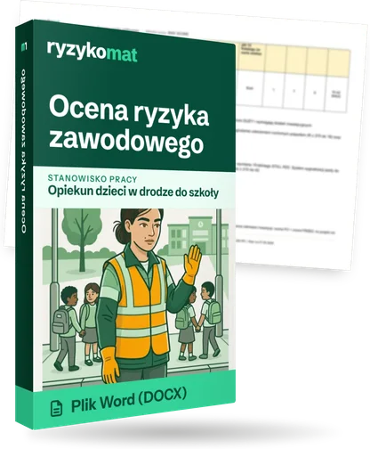 Pudełko dokumentu „Ocena ryzyka zawodowego” ze znakiem Ryzykomat i napisem „Plik Word (DOCX)” na froncie, ilustracja stanowiska „Opiekun dzieci w drodze do szkoły”; zza pudełka wystaje strona prawdziwego dokumentu z rozmytą treścią