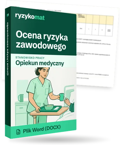 Pudełko dokumentu „Ocena ryzyka zawodowego” ze znakiem Ryzykomat i napisem „Plik Word (DOCX)” na froncie, ilustracja stanowiska „Opiekun medyczny”; zza pudełka wystaje strona prawdziwego dokumentu z rozmytą treścią
