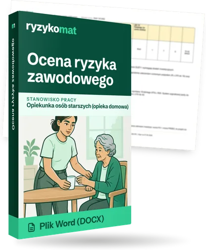 Pudełko dokumentu „Ocena ryzyka zawodowego” ze znakiem Ryzykomat i napisem „Plik Word (DOCX)” na froncie, ilustracja stanowiska „Opiekunka osób starszych (opieka domowa)”; zza pudełka wystaje strona prawdziwego dokumentu z rozmytą treścią