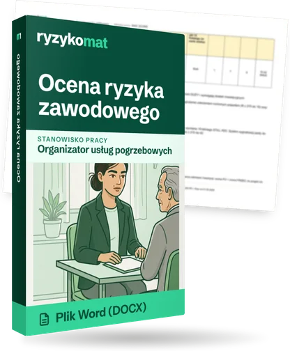 Pudełko dokumentu „Ocena ryzyka zawodowego” ze znakiem Ryzykomat i napisem „Plik Word (DOCX)” na froncie, ilustracja stanowiska „Organizator usług pogrzebowych”; zza pudełka wystaje strona prawdziwego dokumentu z rozmytą treścią