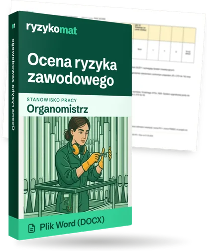 Pudełko dokumentu „Ocena ryzyka zawodowego” ze znakiem Ryzykomat i napisem „Plik Word (DOCX)” na froncie, ilustracja stanowiska „Organomistrz”; zza pudełka wystaje strona prawdziwego dokumentu z rozmytą treścią