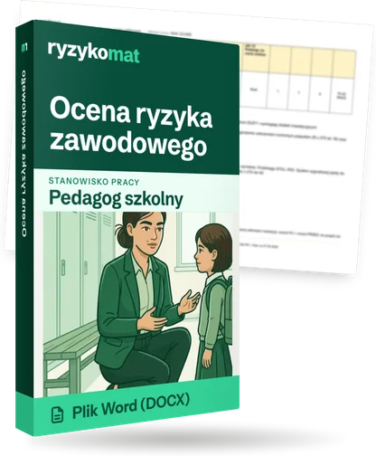 Pudełko dokumentu „Ocena ryzyka zawodowego” ze znakiem Ryzykomat i napisem „Plik Word (DOCX)” na froncie, ilustracja stanowiska „Pedagog szkolny”; zza pudełka wystaje strona prawdziwego dokumentu z rozmytą treścią