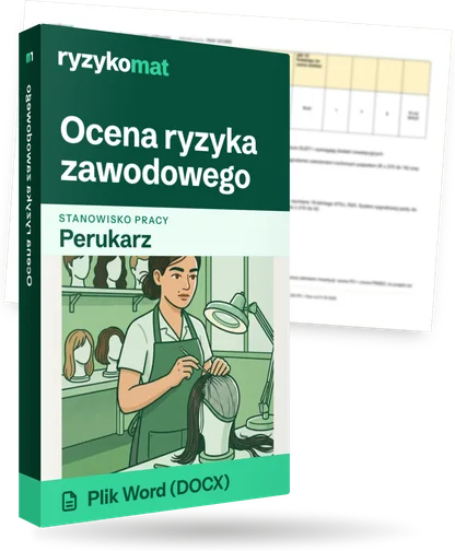Pudełko dokumentu „Ocena ryzyka zawodowego” ze znakiem Ryzykomat i napisem „Plik Word (DOCX)” na froncie, ilustracja stanowiska „Perukarz”; zza pudełka wystaje strona prawdziwego dokumentu z rozmytą treścią